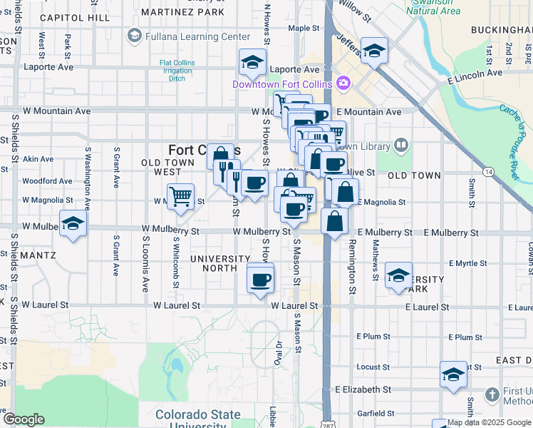 map of restaurants, bars, coffee shops, grocery stores, and more near 412 South Howes Street in Fort Collins