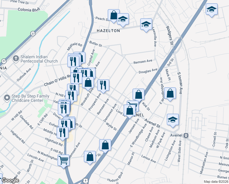 map of restaurants, bars, coffee shops, grocery stores, and more near 250 Remsen Avenue in Woodbridge Township
