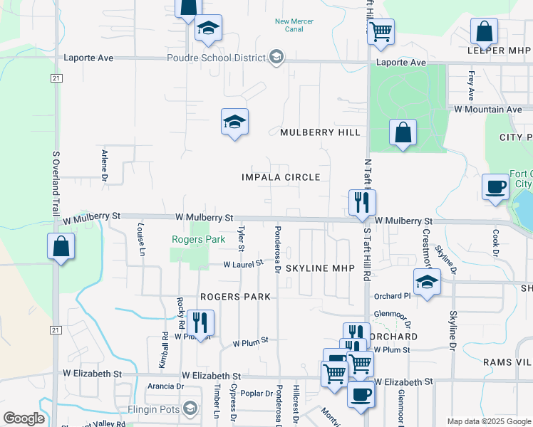 map of restaurants, bars, coffee shops, grocery stores, and more near 2340 West Mulberry Street in Fort Collins