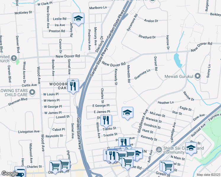 map of restaurants, bars, coffee shops, grocery stores, and more near 262 East Iselin Parkway in Woodbridge Township