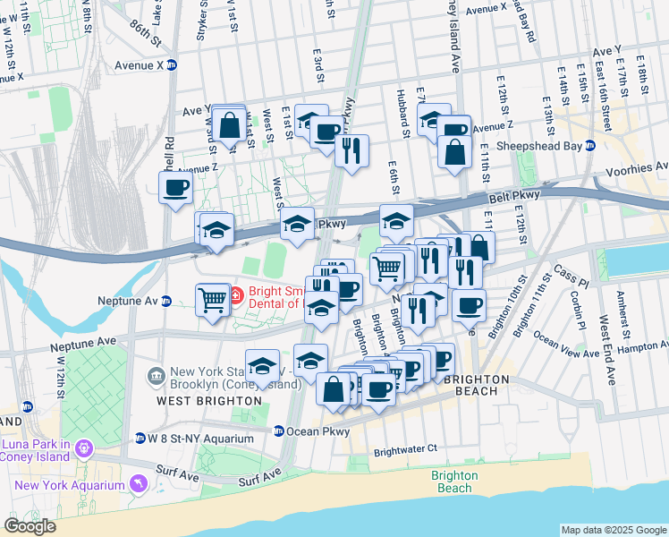 map of restaurants, bars, coffee shops, grocery stores, and more near 2727 Ocean Parkway in Brooklyn