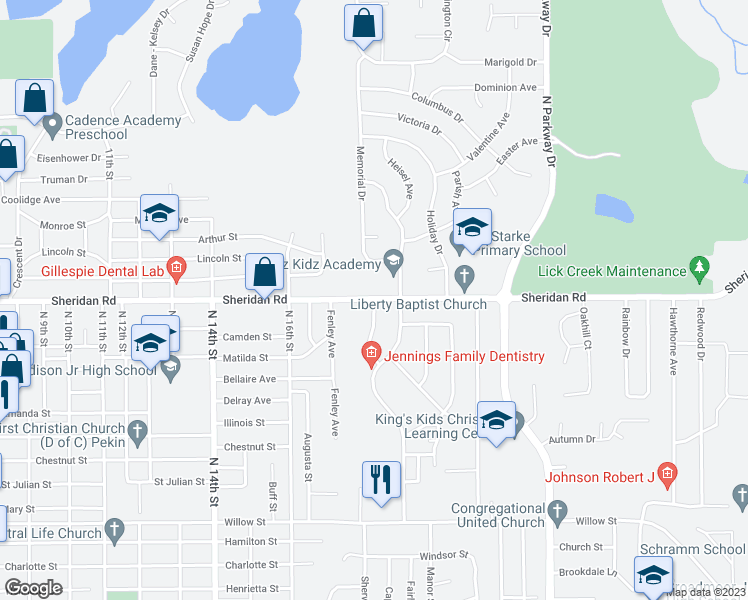 map of restaurants, bars, coffee shops, grocery stores, and more near 1599 Sara Lane in Pekin