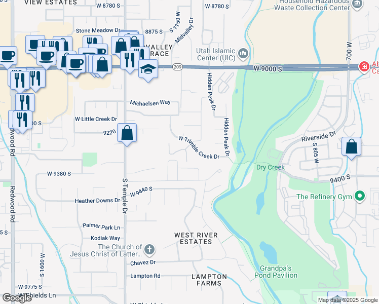 map of restaurants, bars, coffee shops, grocery stores, and more near 9297 Avignon Place in West Jordan