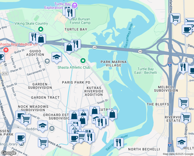 map of restaurants, bars, coffee shops, grocery stores, and more near 2148 Park Marina Drive in Redding