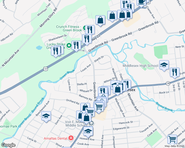 map of restaurants, bars, coffee shops, grocery stores, and more near 54 Greenbrook Road in Middlesex