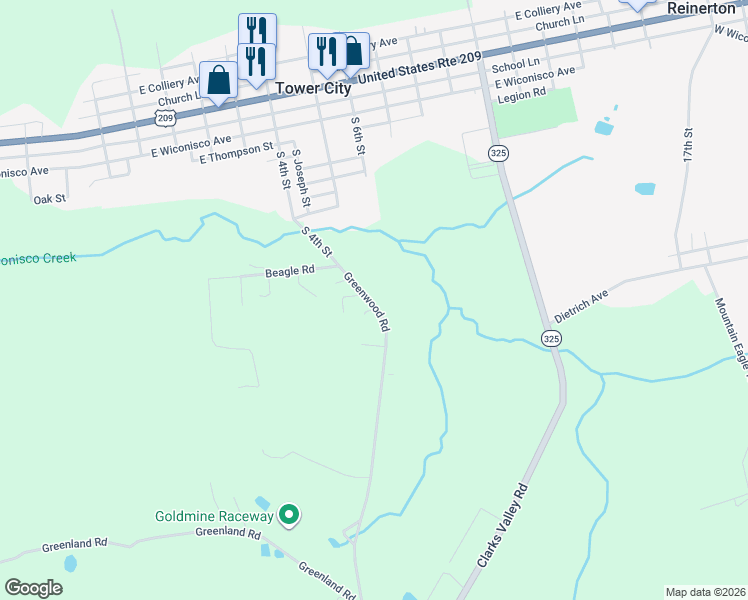 map of restaurants, bars, coffee shops, grocery stores, and more near 415 Greenwood Road in Tower City