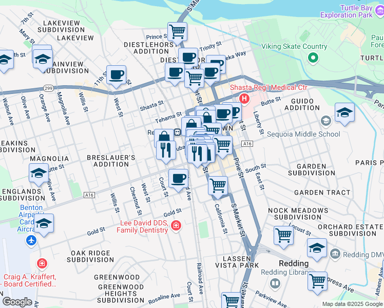map of restaurants, bars, coffee shops, grocery stores, and more near 1552 Placer St in Redding