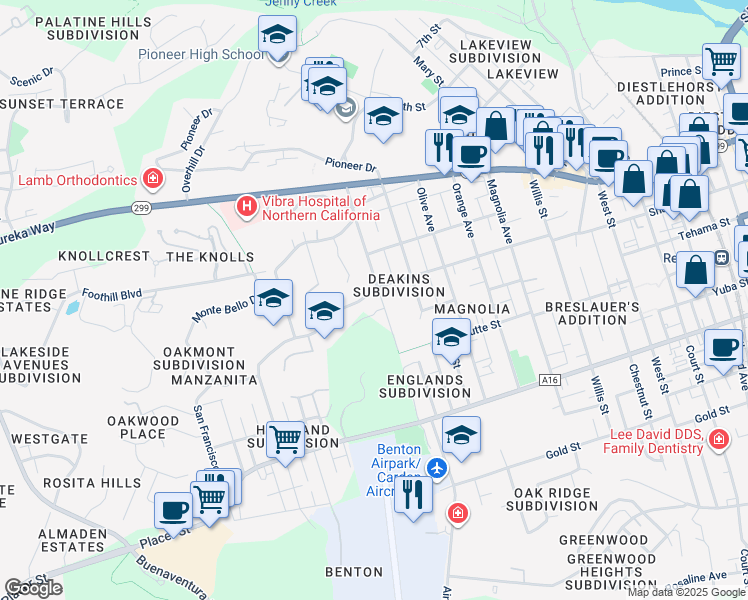 map of restaurants, bars, coffee shops, grocery stores, and more near 2603 Shasta Street in Redding