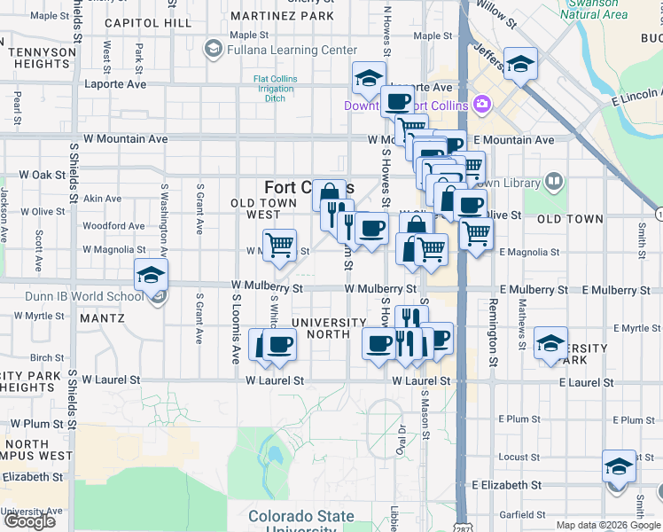 map of restaurants, bars, coffee shops, grocery stores, and more near 417 West Magnolia Street in Fort Collins