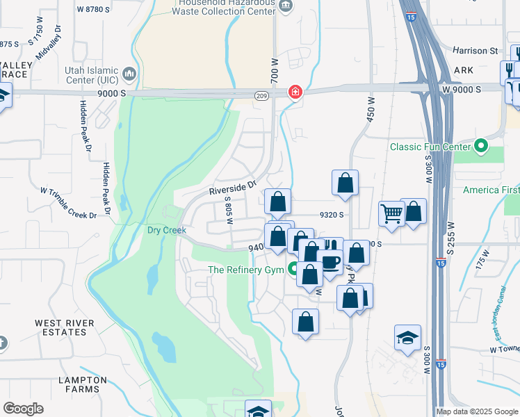 map of restaurants, bars, coffee shops, grocery stores, and more near 739 West Jefferson Place in Sandy