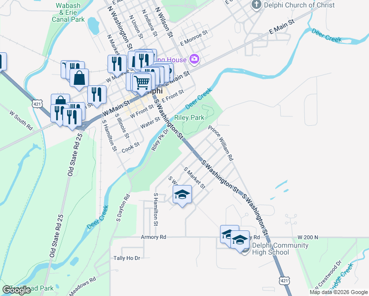 map of restaurants, bars, coffee shops, grocery stores, and more near 708 South Washington Street in Delphi