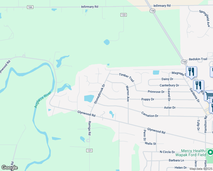 map of restaurants, bars, coffee shops, grocery stores, and more near 910 Stoneybrook Road in Wapakoneta