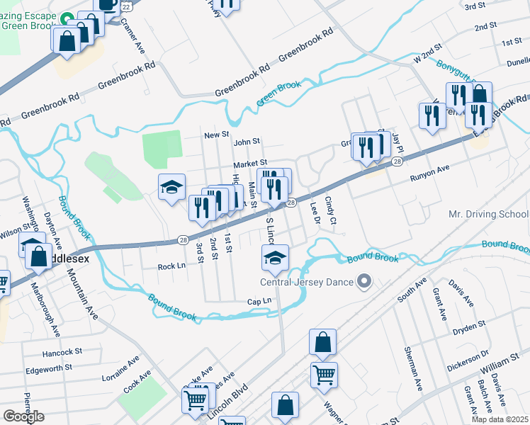map of restaurants, bars, coffee shops, grocery stores, and more near 569 Bound Brook Road in Middlesex
