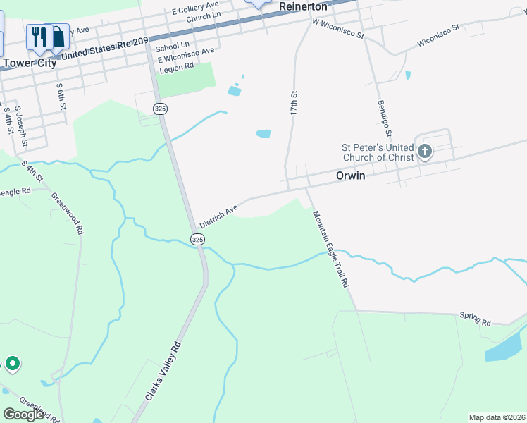 map of restaurants, bars, coffee shops, grocery stores, and more near 78 Dietrich Avenue in Tower City