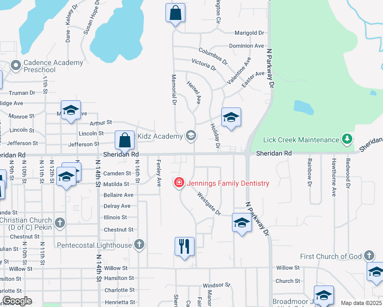 map of restaurants, bars, coffee shops, grocery stores, and more near 1501-1605 Florence Ave in Pekin