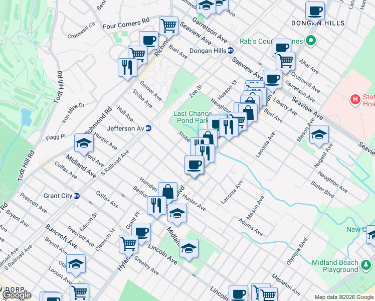 map of restaurants, bars, coffee shops, grocery stores, and more near 195 Jefferson Avenue in Staten Island