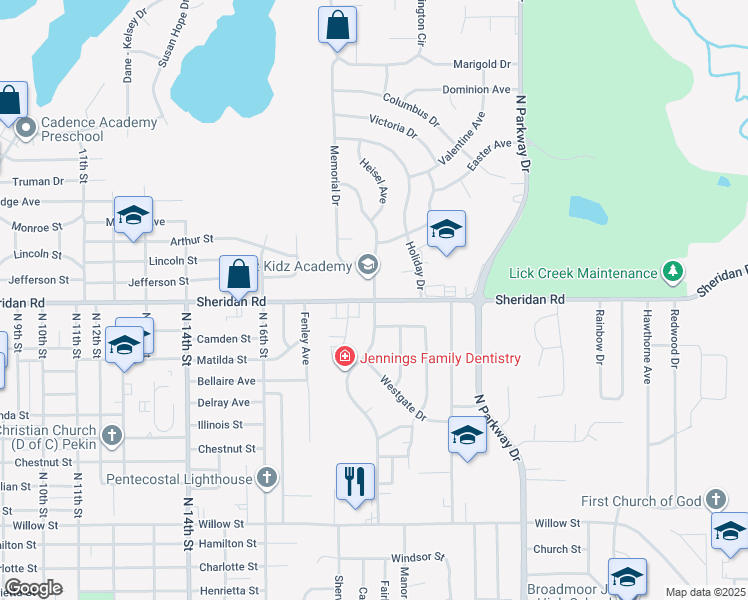 map of restaurants, bars, coffee shops, grocery stores, and more near 1501 Florence Avenue in Pekin