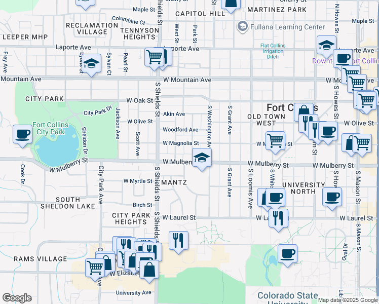 map of restaurants, bars, coffee shops, grocery stores, and more near 509 Gordon Street in Fort Collins