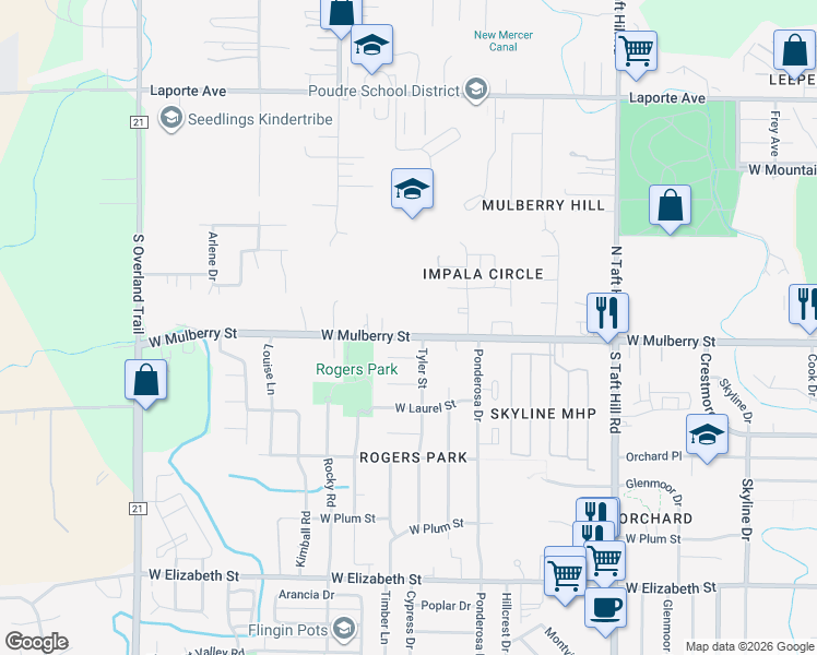 map of restaurants, bars, coffee shops, grocery stores, and more near 2424 West Mulberry Street in Fort Collins