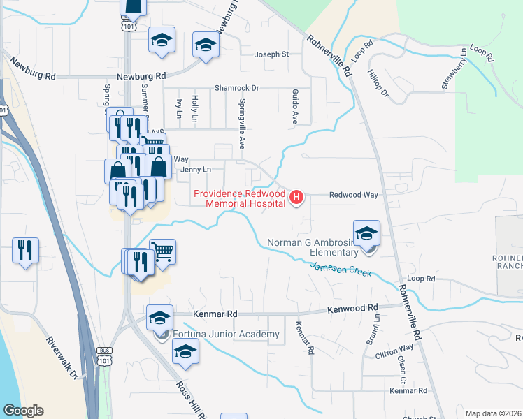 map of restaurants, bars, coffee shops, grocery stores, and more near 3820 Rohnerville Road in Fortuna