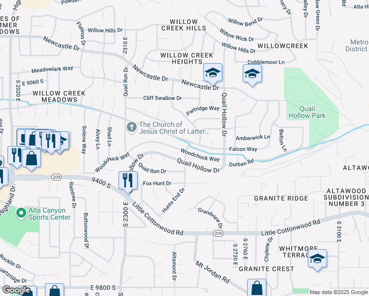 map of restaurants, bars, coffee shops, grocery stores, and more near 9294 Peacock Drive in Sandy