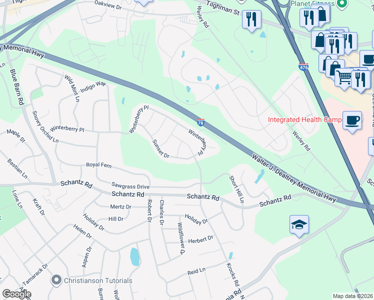 map of restaurants, bars, coffee shops, grocery stores, and more near 5464 Sunflower Lane in Allentown