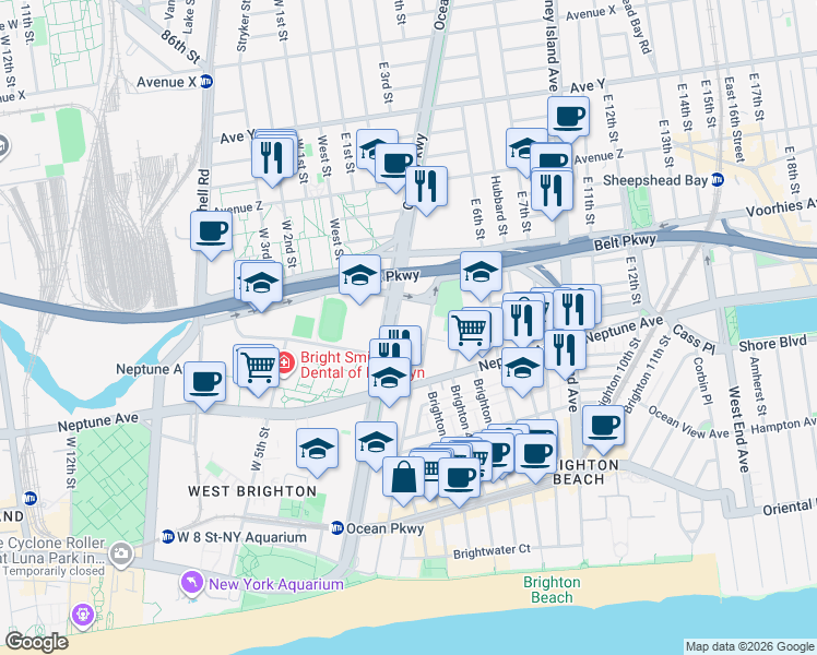 map of restaurants, bars, coffee shops, grocery stores, and more near 2727 Ocean Parkway in Brooklyn