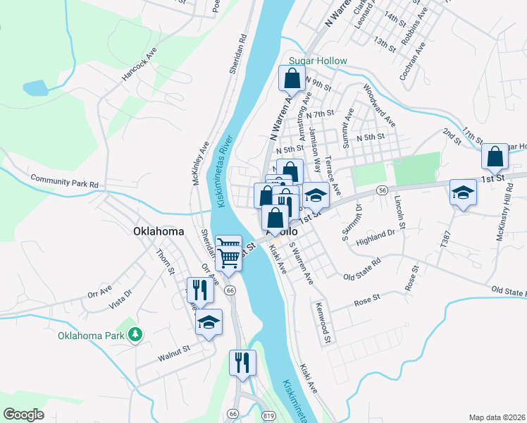 map of restaurants, bars, coffee shops, grocery stores, and more near 202 North 2nd Street in Apollo