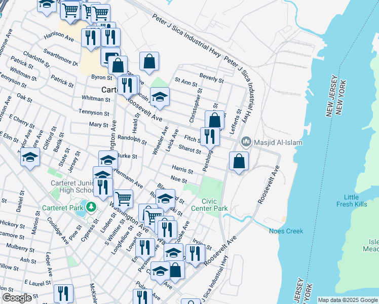 map of restaurants, bars, coffee shops, grocery stores, and more near 75 Sharot Street in Carteret