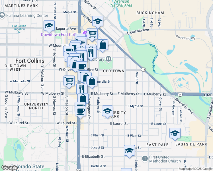 map of restaurants, bars, coffee shops, grocery stores, and more near 311 East Magnolia Street in Fort Collins