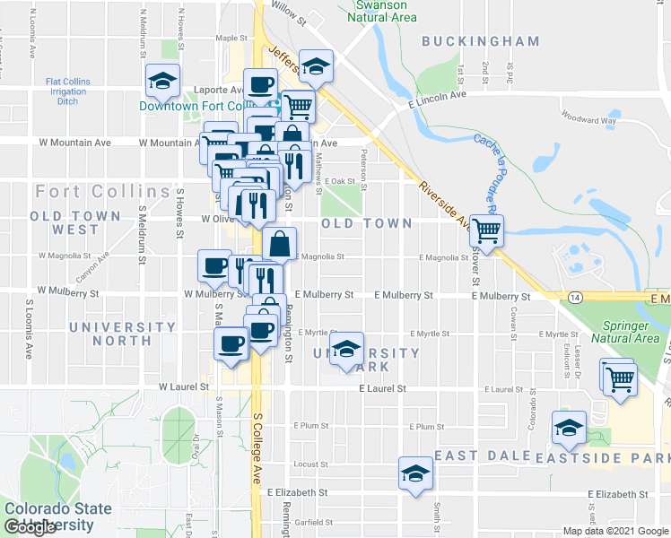 map of restaurants, bars, coffee shops, grocery stores, and more near 311 East Magnolia Street in Fort Collins