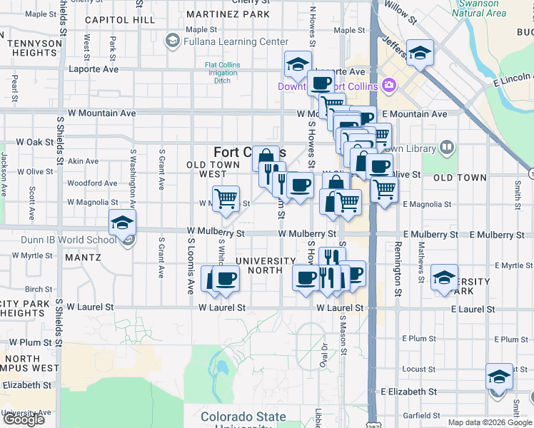 map of restaurants, bars, coffee shops, grocery stores, and more near in Fort Collins