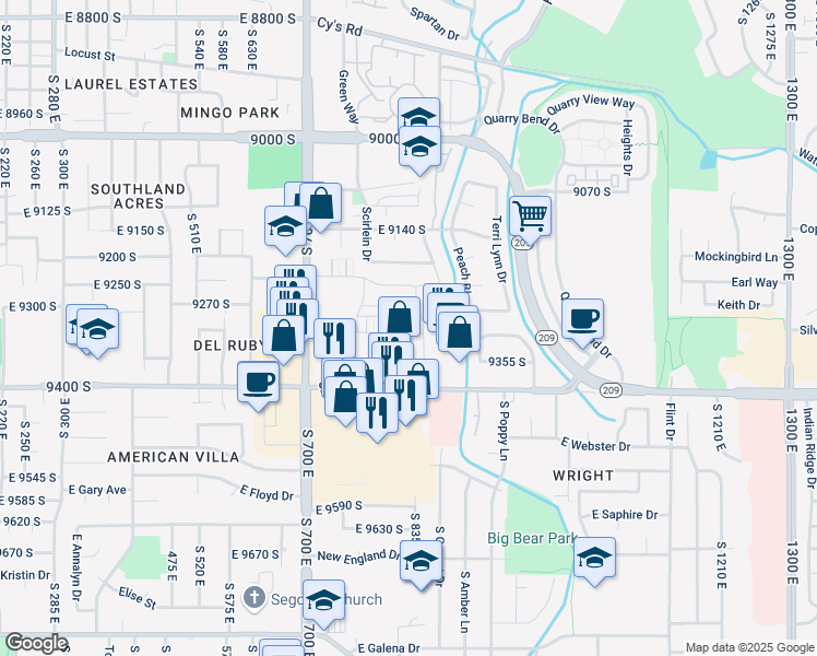 map of restaurants, bars, coffee shops, grocery stores, and more near 809 Oakhampton Dr in Sandy