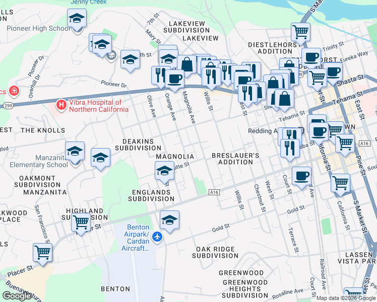 map of restaurants, bars, coffee shops, grocery stores, and more near 1415 Orange Avenue in Redding
