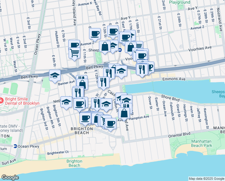 map of restaurants, bars, coffee shops, grocery stores, and more near 64 Neptune Avenue in Brooklyn