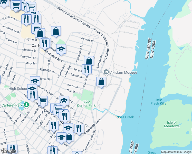 map of restaurants, bars, coffee shops, grocery stores, and more near 25 Fitch Street in Carteret