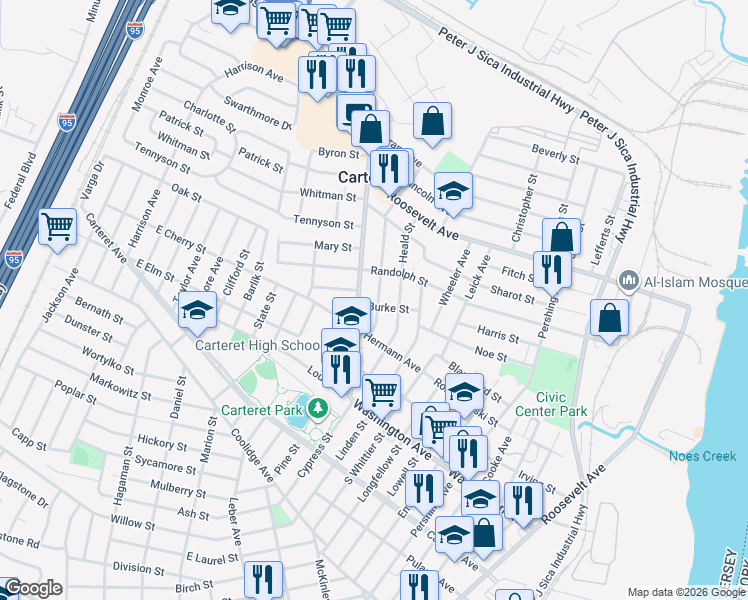 map of restaurants, bars, coffee shops, grocery stores, and more near 87 Edgar Street in Carteret