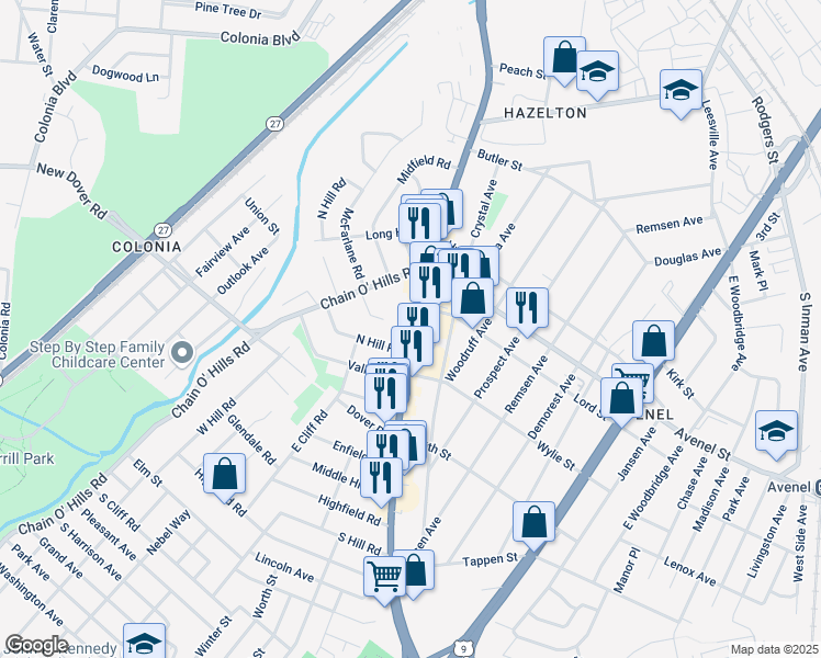 map of restaurants, bars, coffee shops, grocery stores, and more near 1275 Saint Georges Avenue in Woodbridge Township
