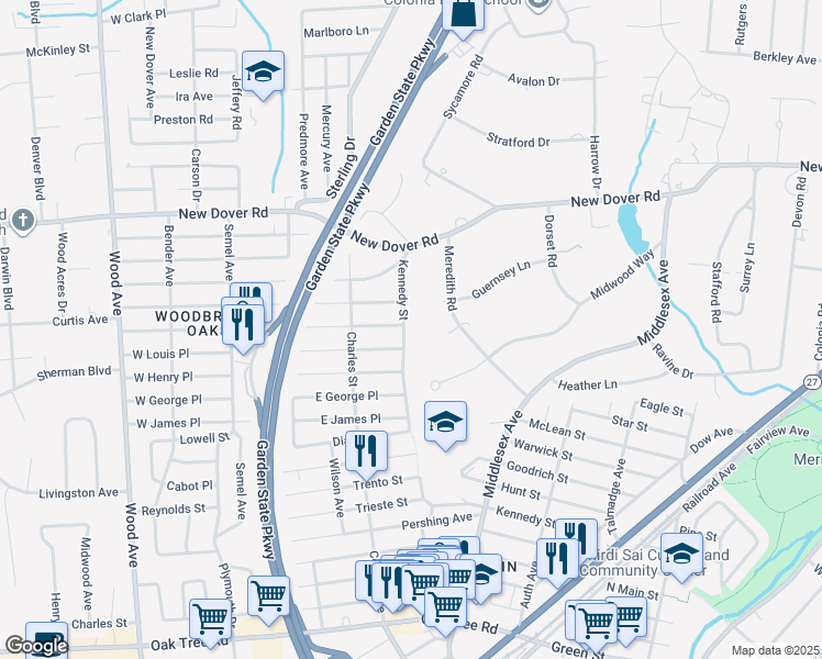 map of restaurants, bars, coffee shops, grocery stores, and more near 372 Kennedy Street in Woodbridge Township