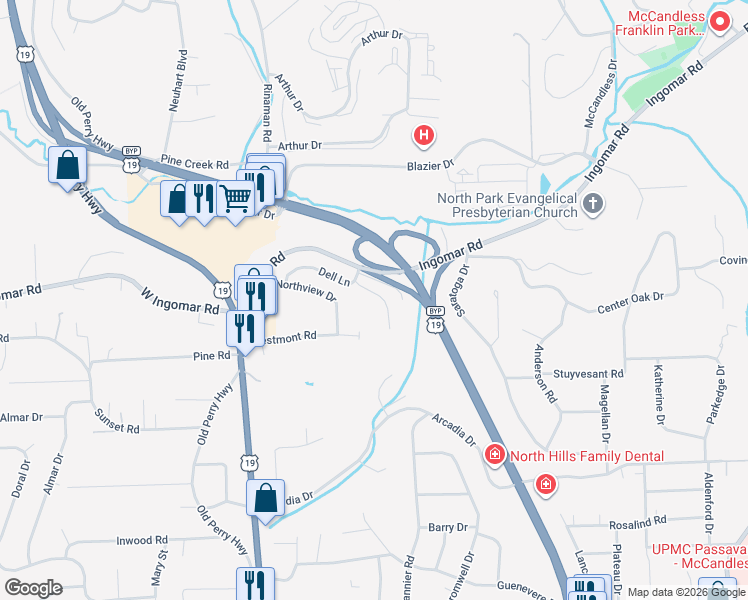 map of restaurants, bars, coffee shops, grocery stores, and more near 280 Dell Lane in Pittsburgh