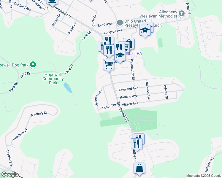 map of restaurants, bars, coffee shops, grocery stores, and more near 2241 Brodhead Road in Aliquippa