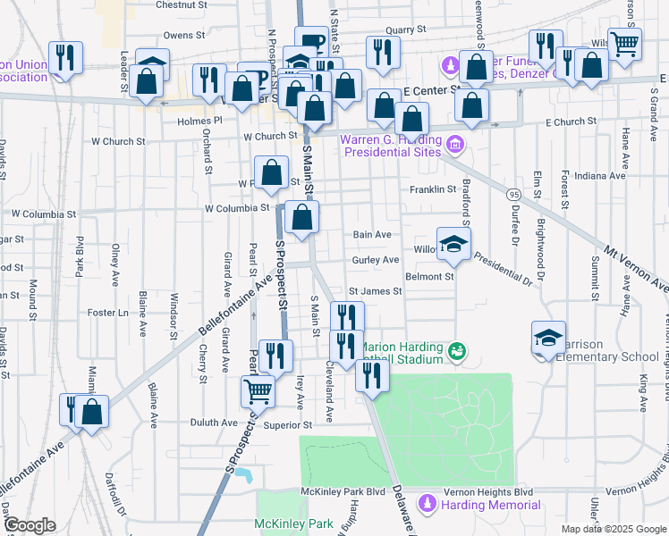 map of restaurants, bars, coffee shops, grocery stores, and more near 391 South State Street in Marion