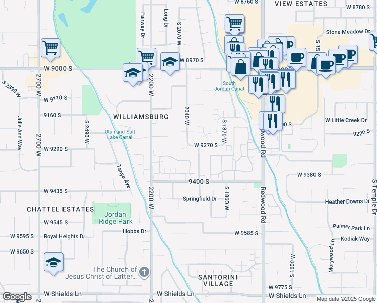 map of restaurants, bars, coffee shops, grocery stores, and more near 2029 West 9270 South in West Jordan