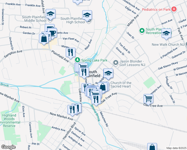 map of restaurants, bars, coffee shops, grocery stores, and more near 300 Maple Avenue in South Plainfield