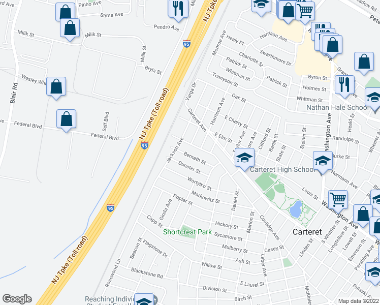 map of restaurants, bars, coffee shops, grocery stores, and more near 24 Bernath Street in Carteret