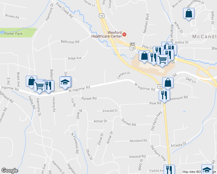 map of restaurants, bars, coffee shops, grocery stores, and more near 281 W Ingomar Rd in Pittsburgh