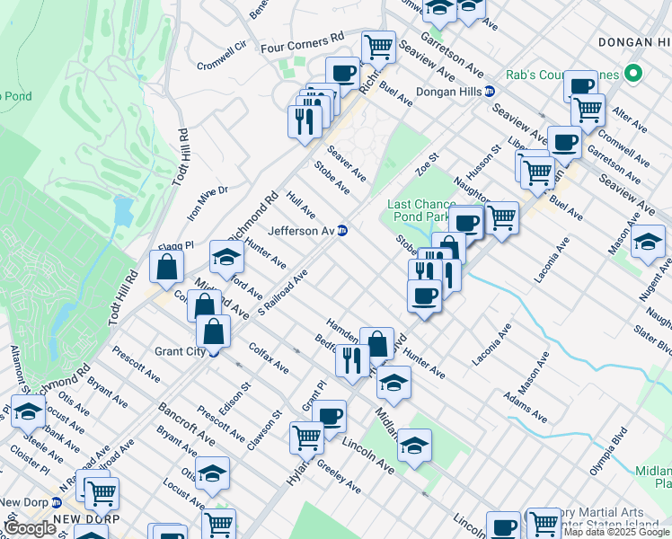map of restaurants, bars, coffee shops, grocery stores, and more near 126 Adams Avenue in Staten Island