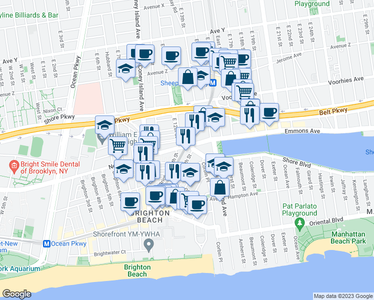 map of restaurants, bars, coffee shops, grocery stores, and more near 64 Neptune Avenue in Brooklyn