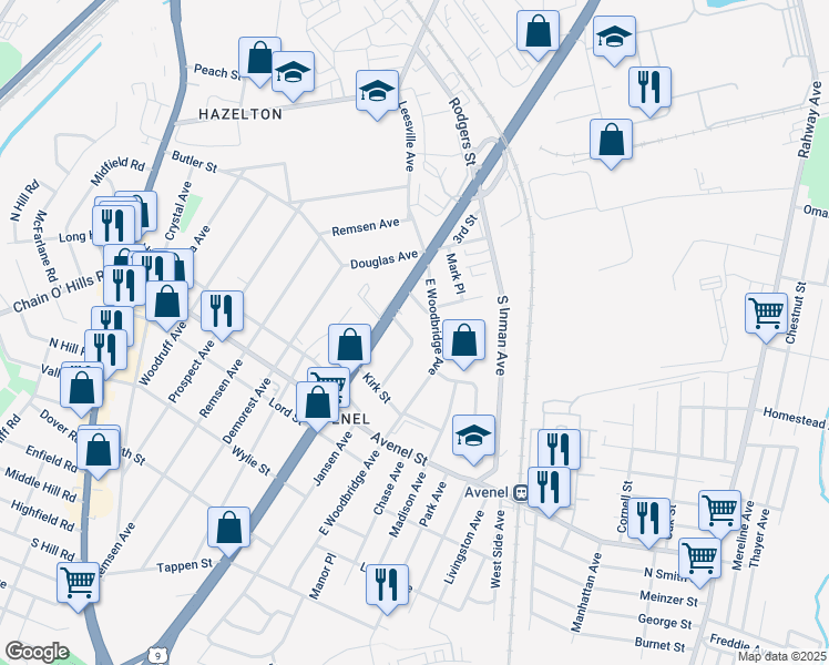 map of restaurants, bars, coffee shops, grocery stores, and more near 44 Mitchell Place in Woodbridge Township