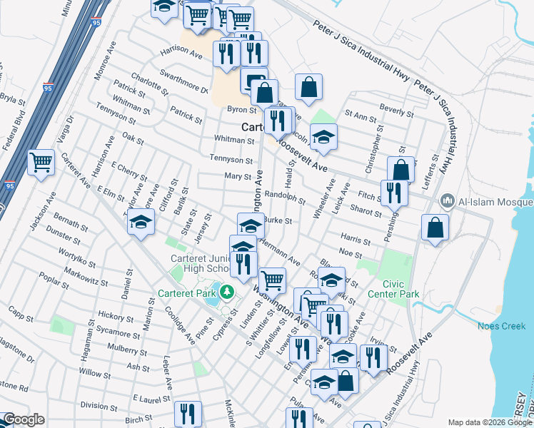map of restaurants, bars, coffee shops, grocery stores, and more near 87 Edgar Street in Carteret